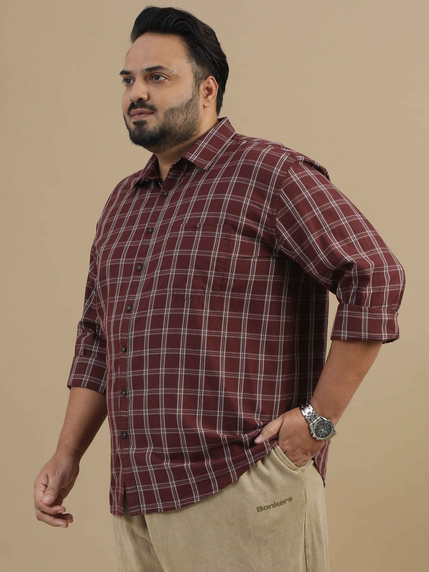 Plus Size Men's Brown Check Shirt 