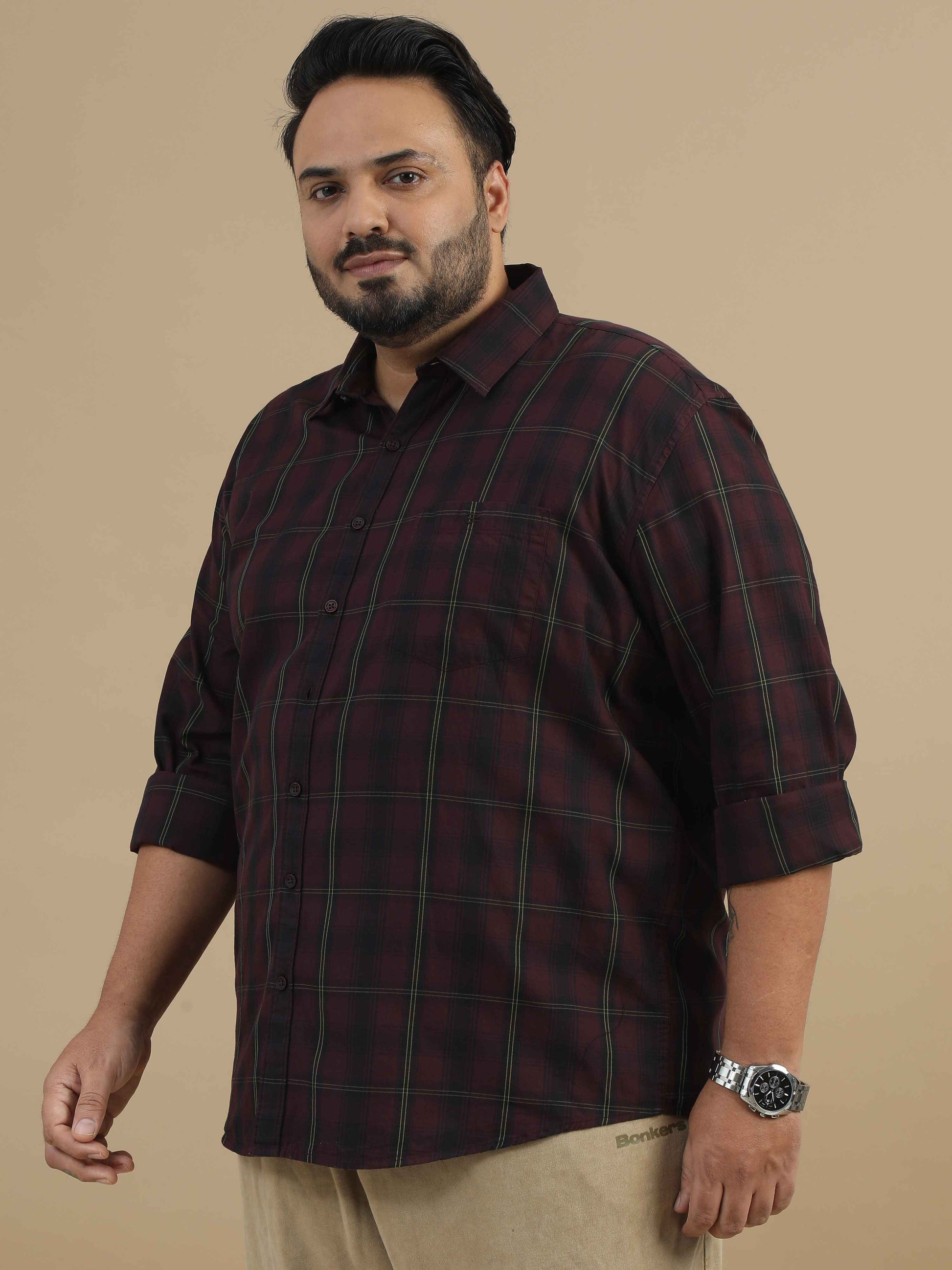 Plus Size Maroon and Black Check Shirt 