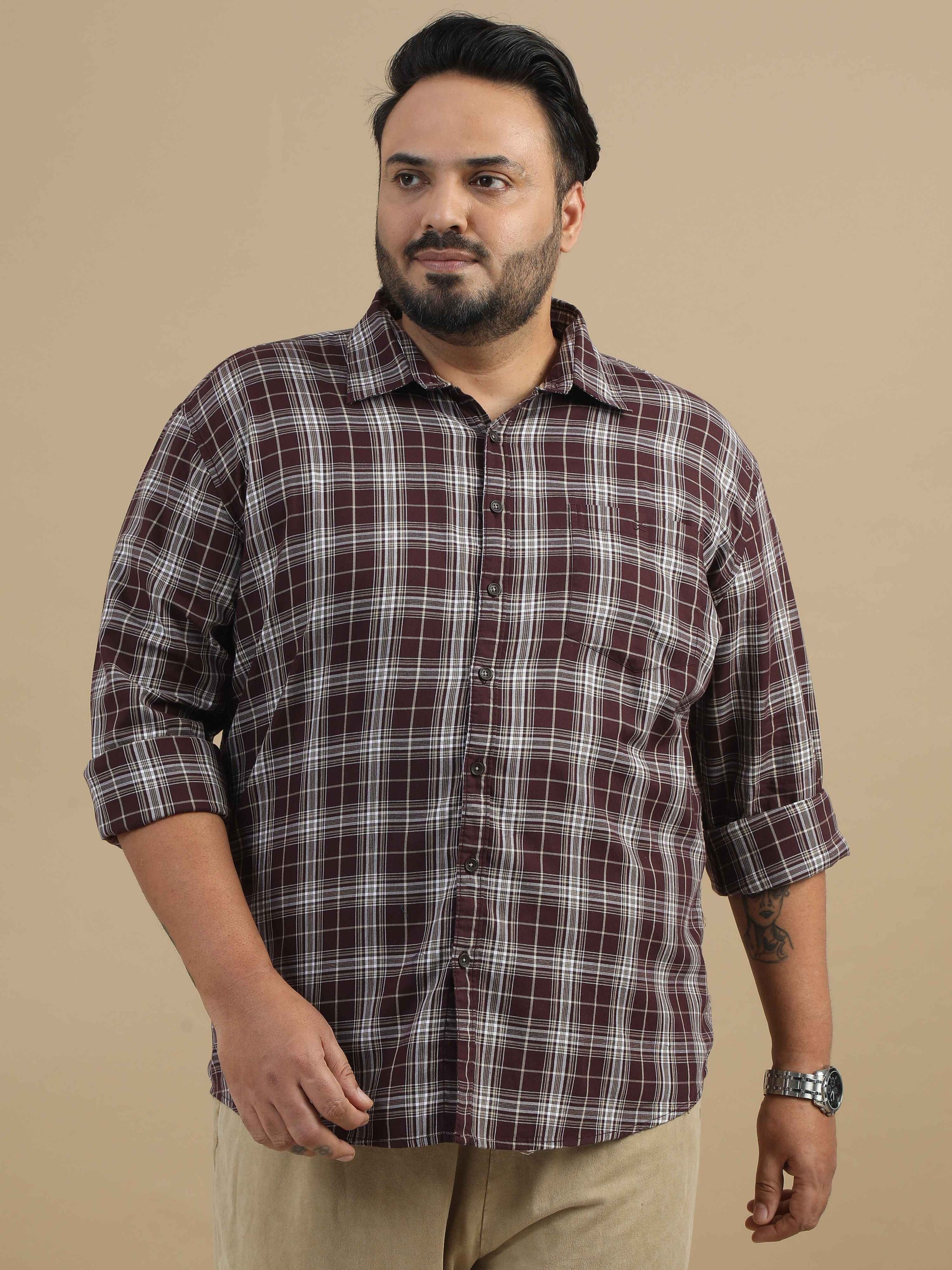 Plus Size Brown Check Shirt 