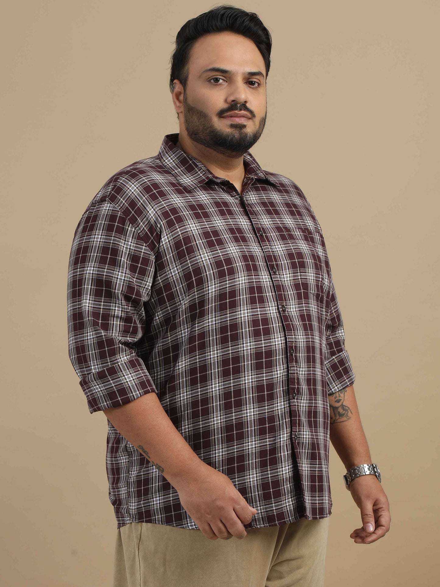 Plus Size Brown Check Shirt 