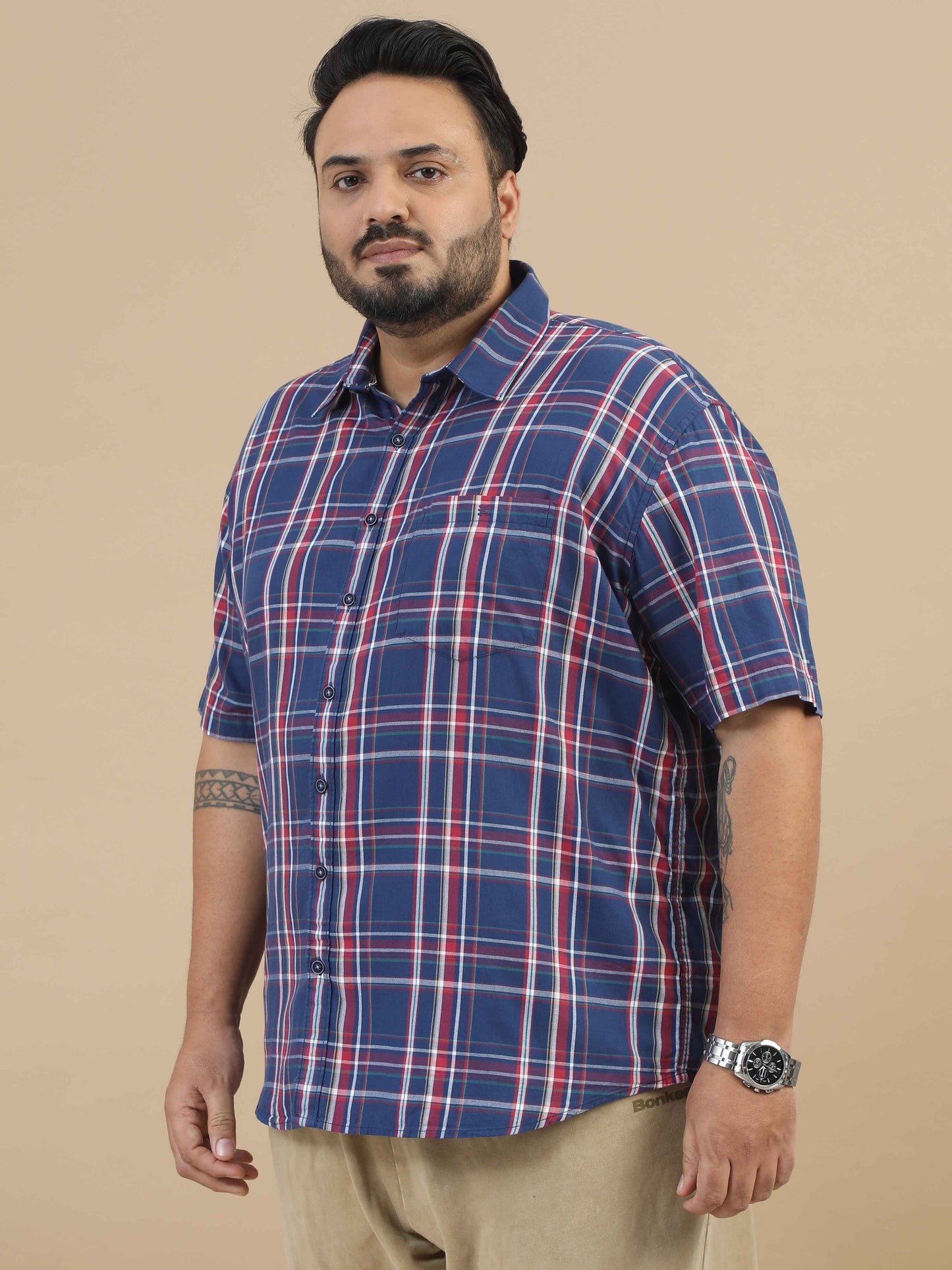  Plus Size Navy Blue Check Shirt 