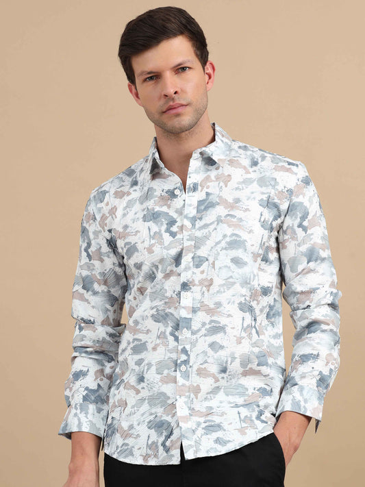 Men Texture Peach Grey Printed Full Sleeve shirt