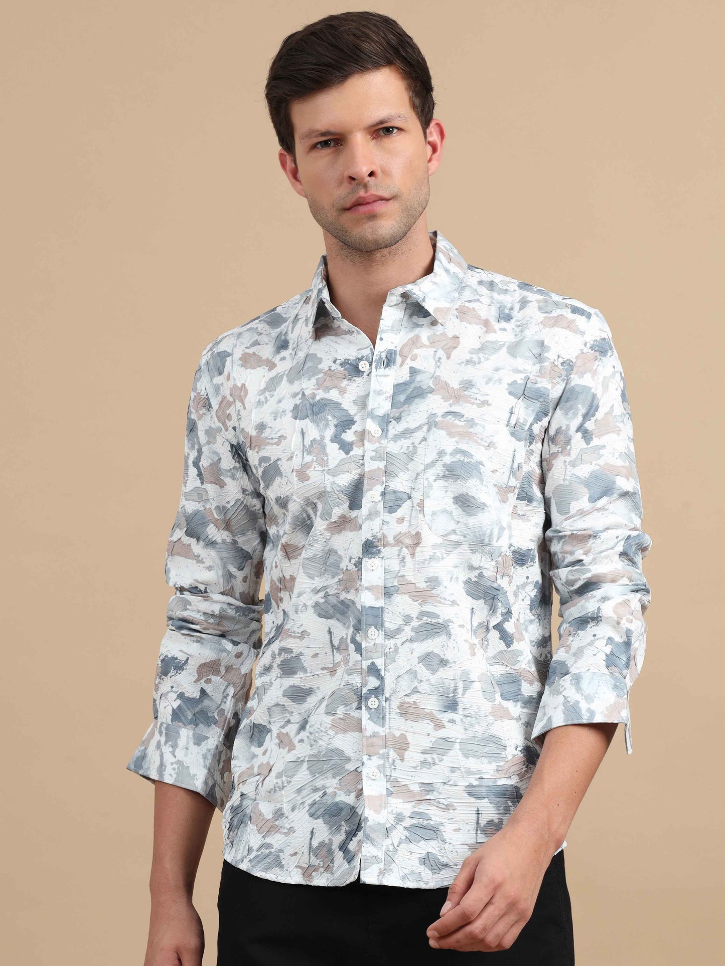 Men Texture Peach Grey Printed Full Sleeve shirt