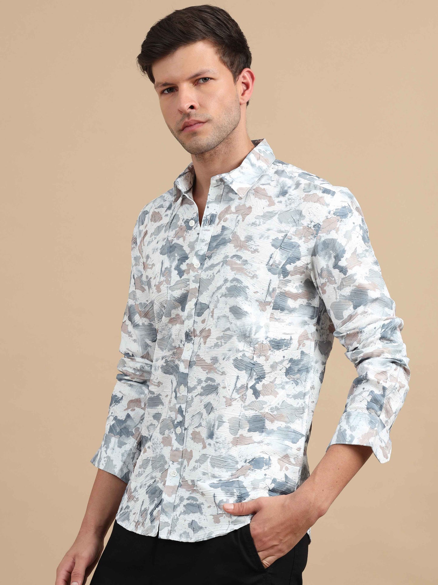 Men Texture Peach Grey Printed Full Sleeve shirt