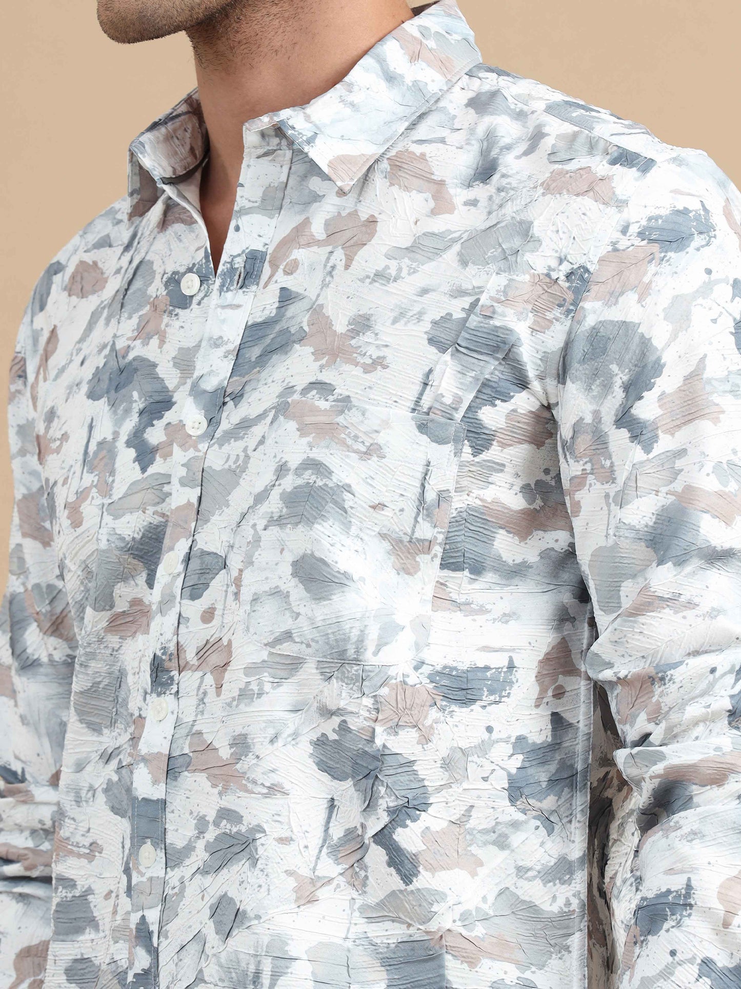 Men Texture Peach Grey Printed Full Sleeve shirt