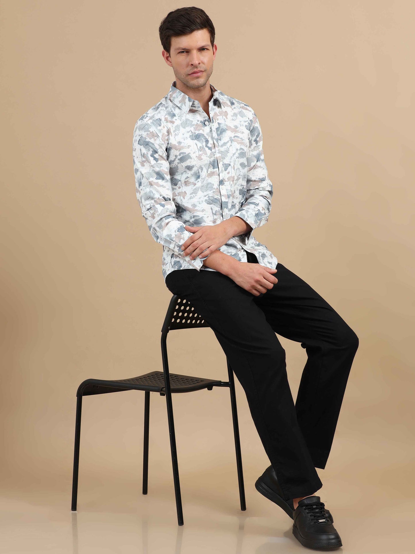 Men Texture Peach Grey Printed Full Sleeve shirt