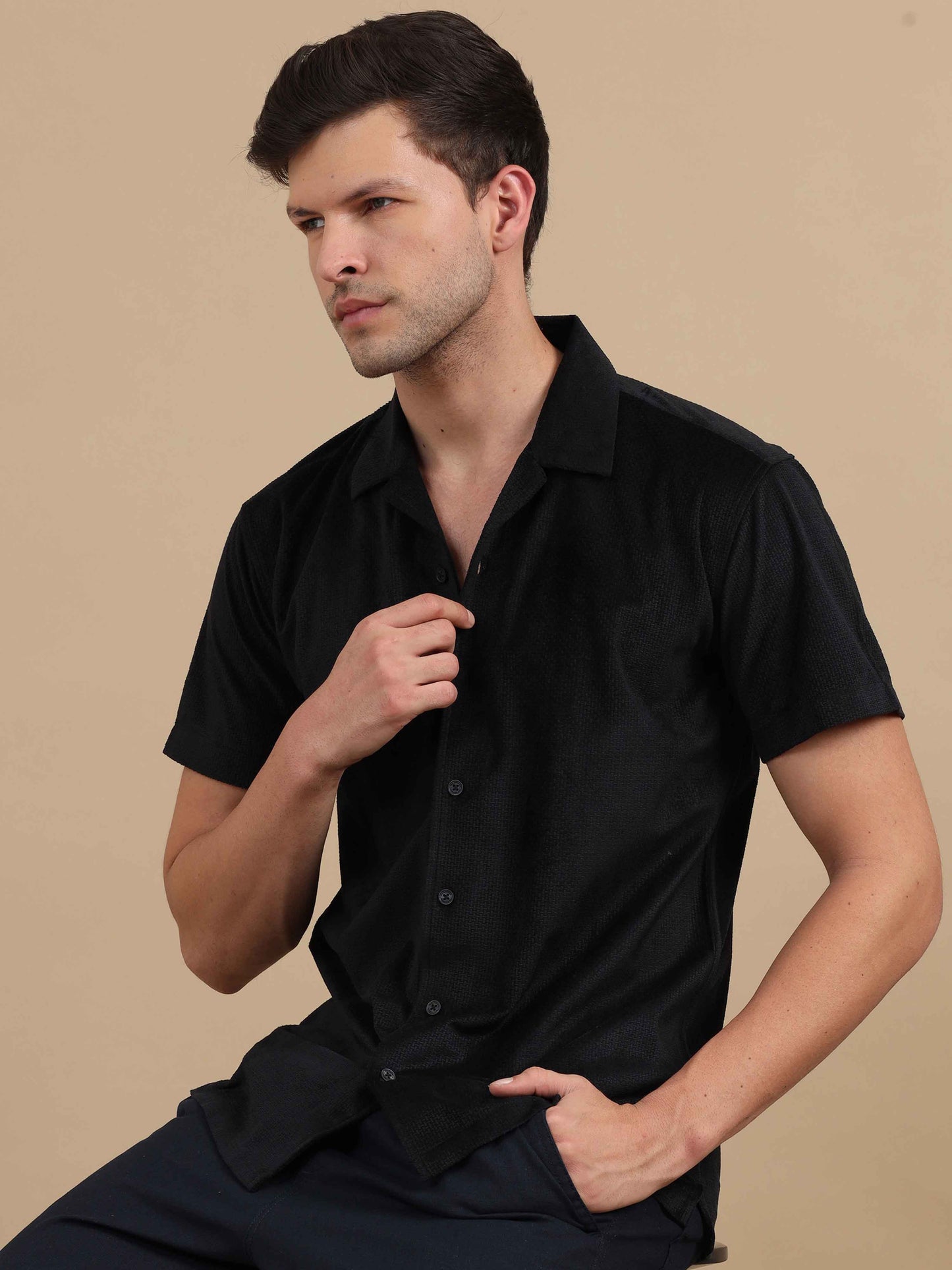 Men Black Cuban Collar Shirt 