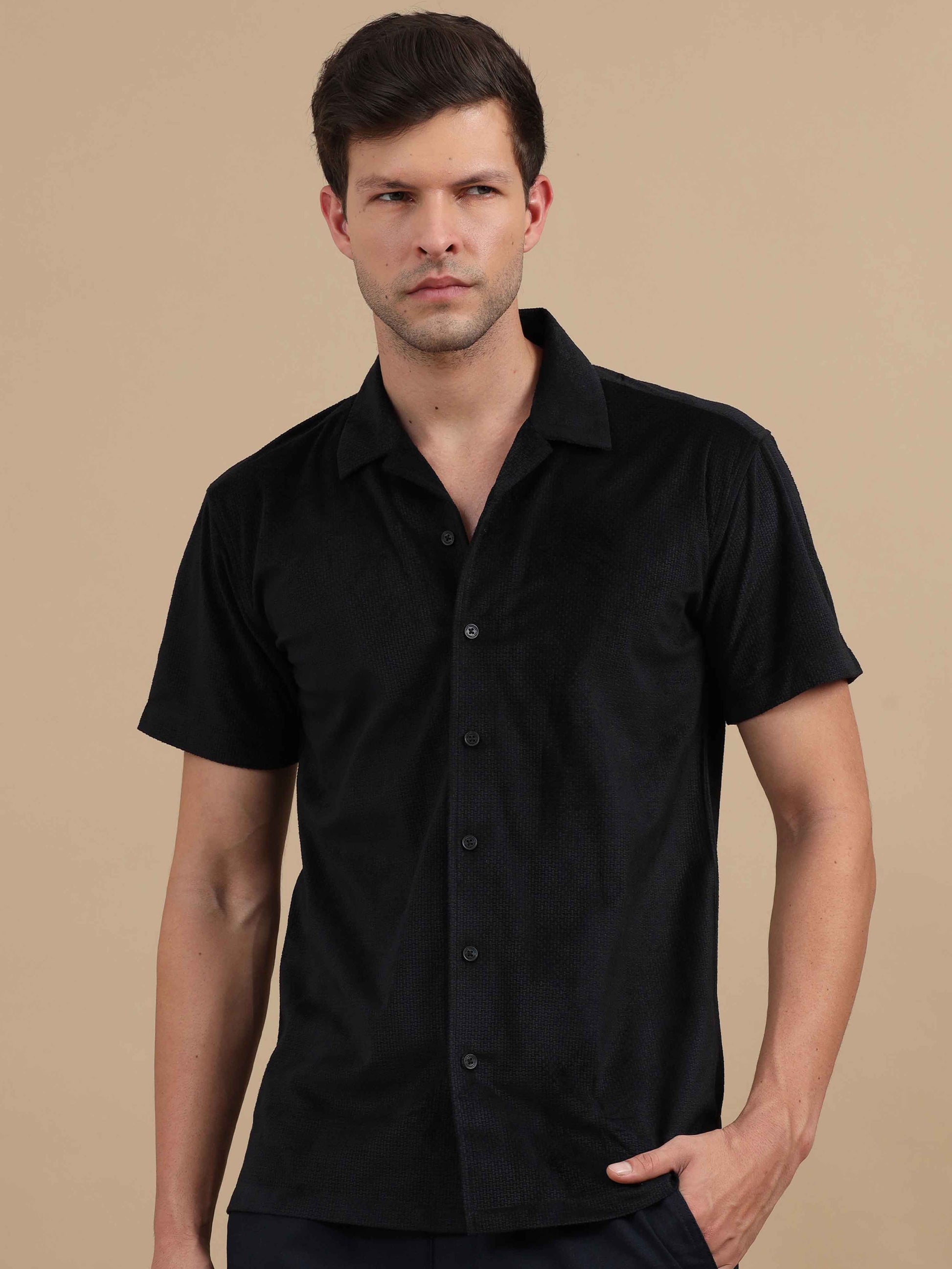 Men Black Cuban Collar Shirt 