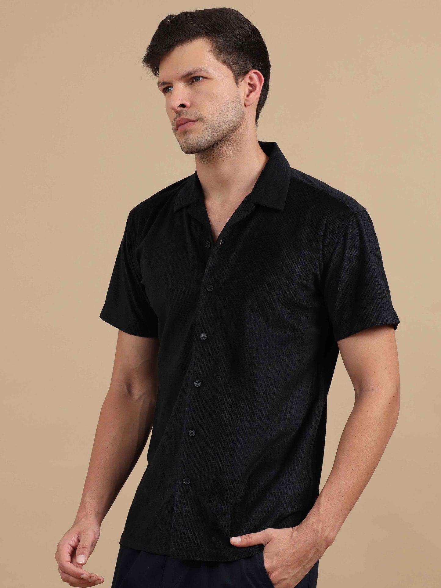 Men Black Cuban Collar Shirt 