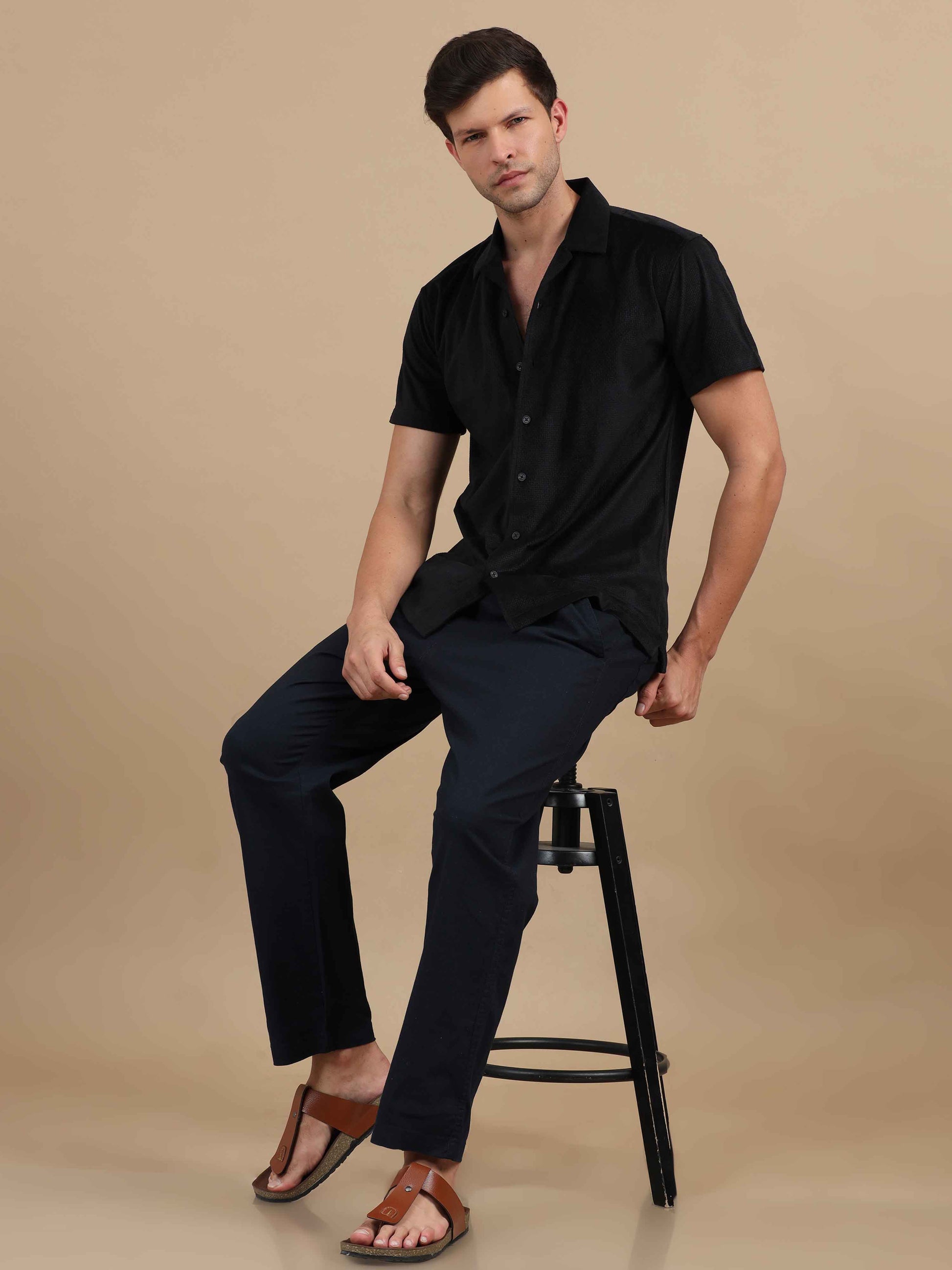 Men Black Cuban Collar Shirt 