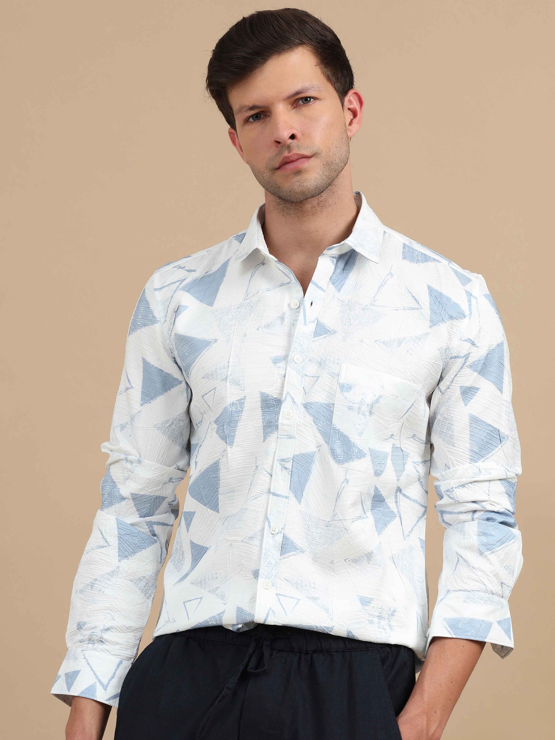 Texture White & Blue Printed Shirt Full Sleeve Men