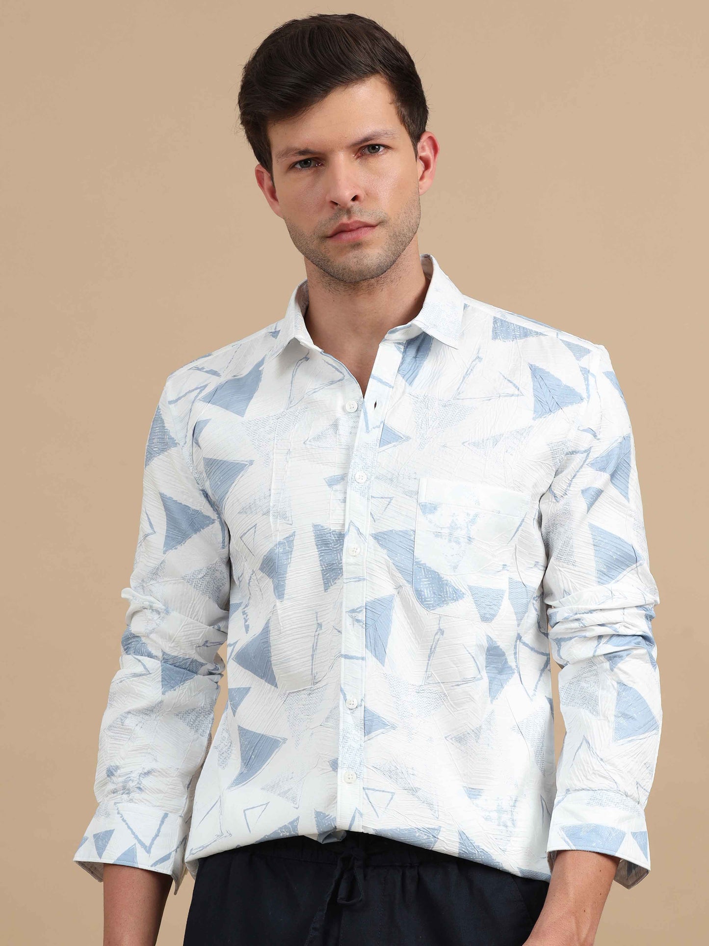 Texture White & Blue Printed Shirt Full Sleeve Men