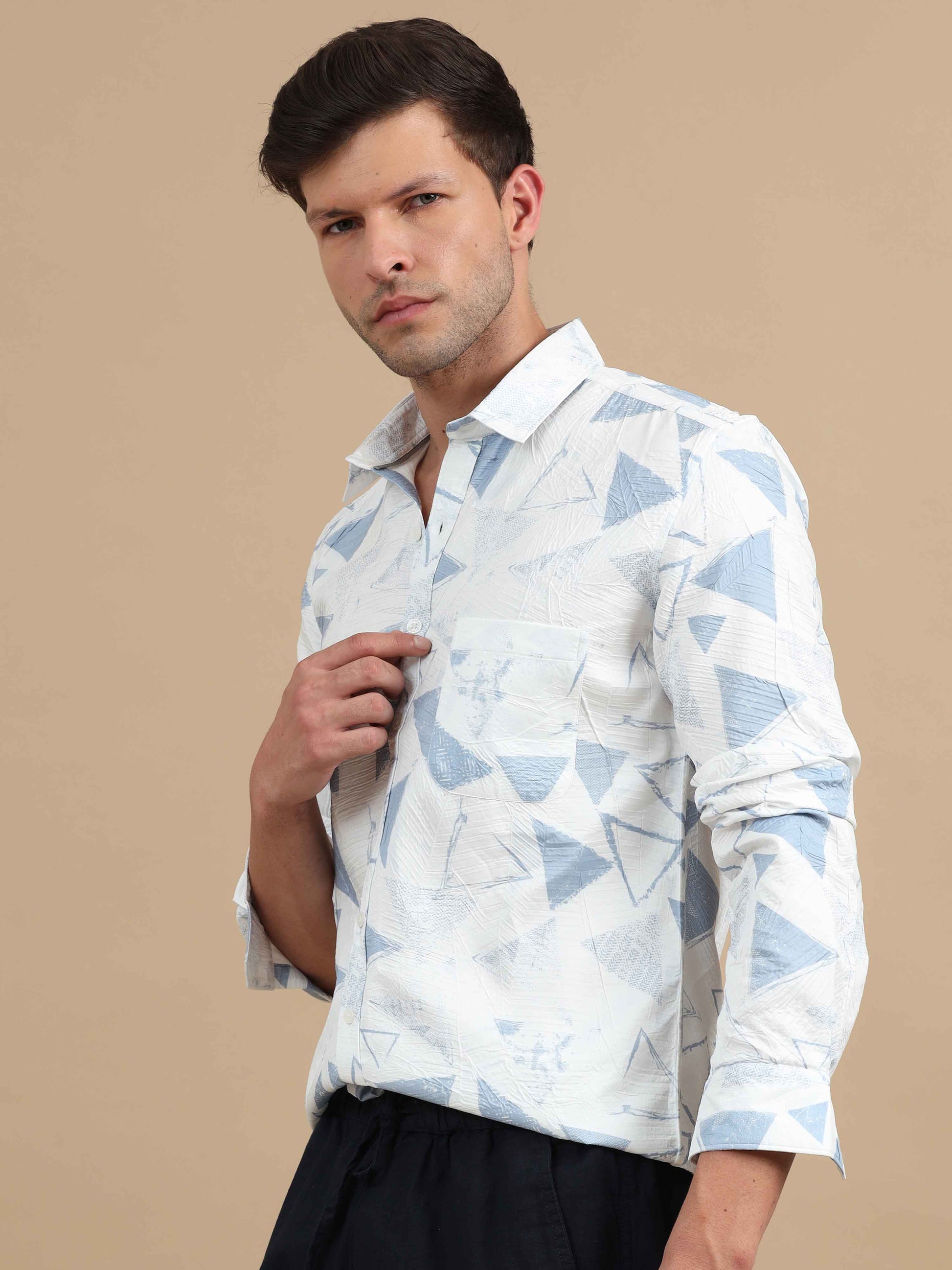 Texture White & Blue Printed Shirt Full Sleeve Men