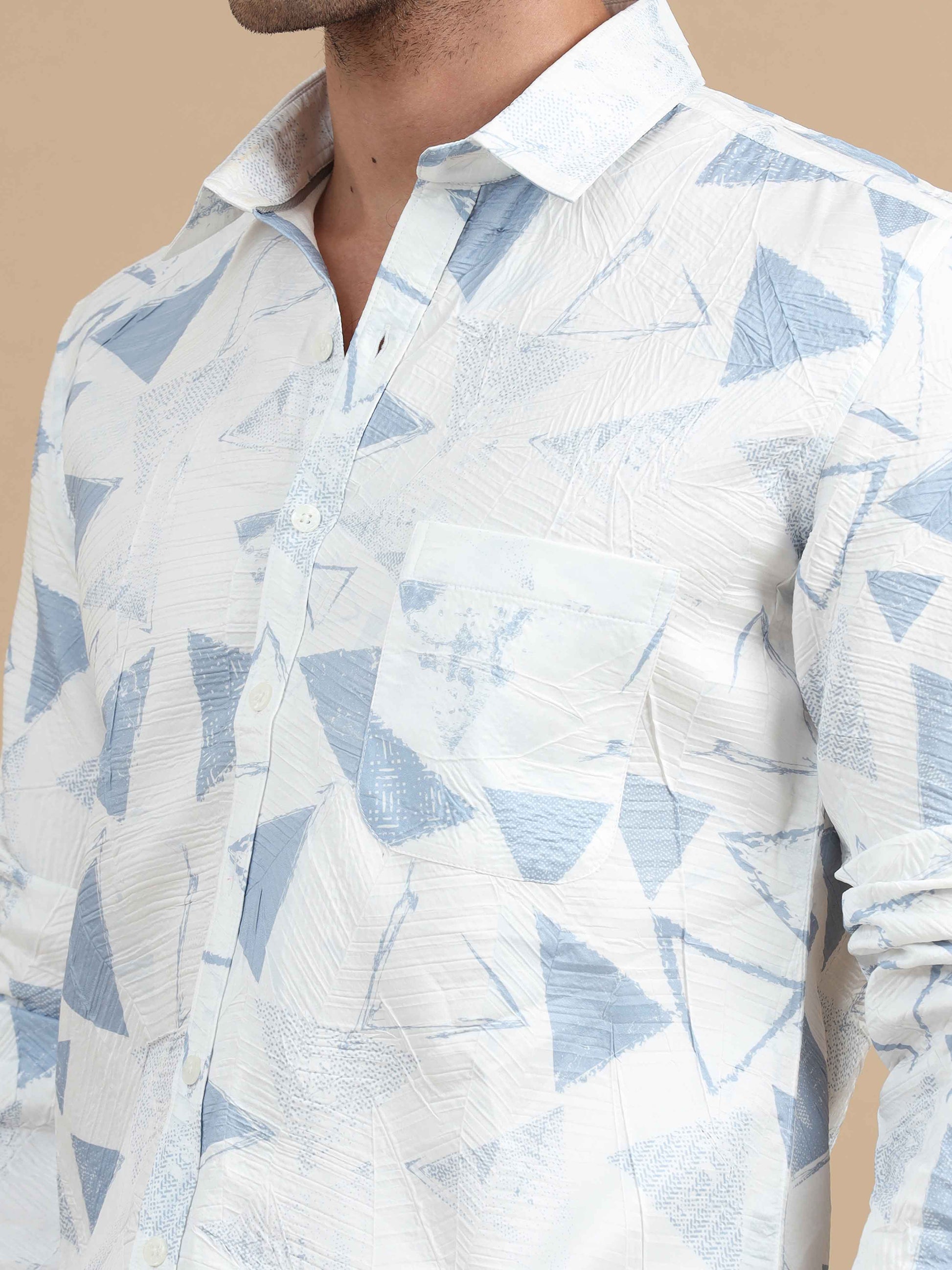 Texture White & Blue Printed Shirt Full Sleeve Men