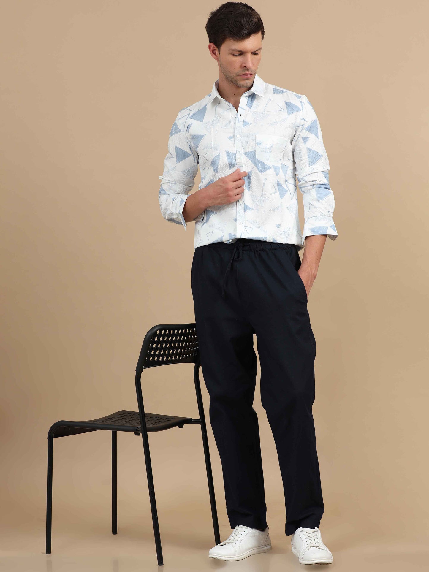 Texture White & Blue Printed Shirt Full Sleeve Men