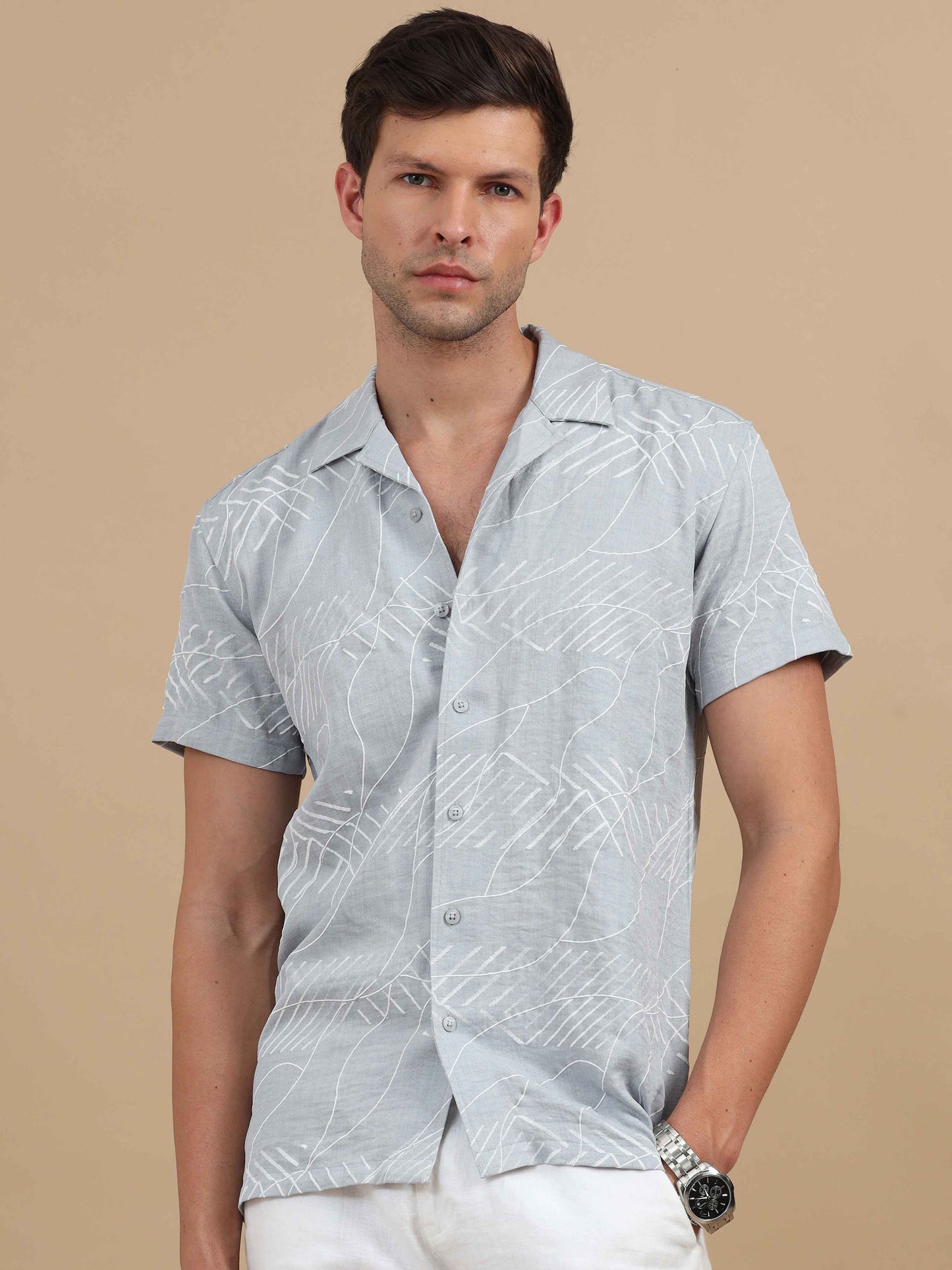  Men's Grey Cuban Collar Shirt 