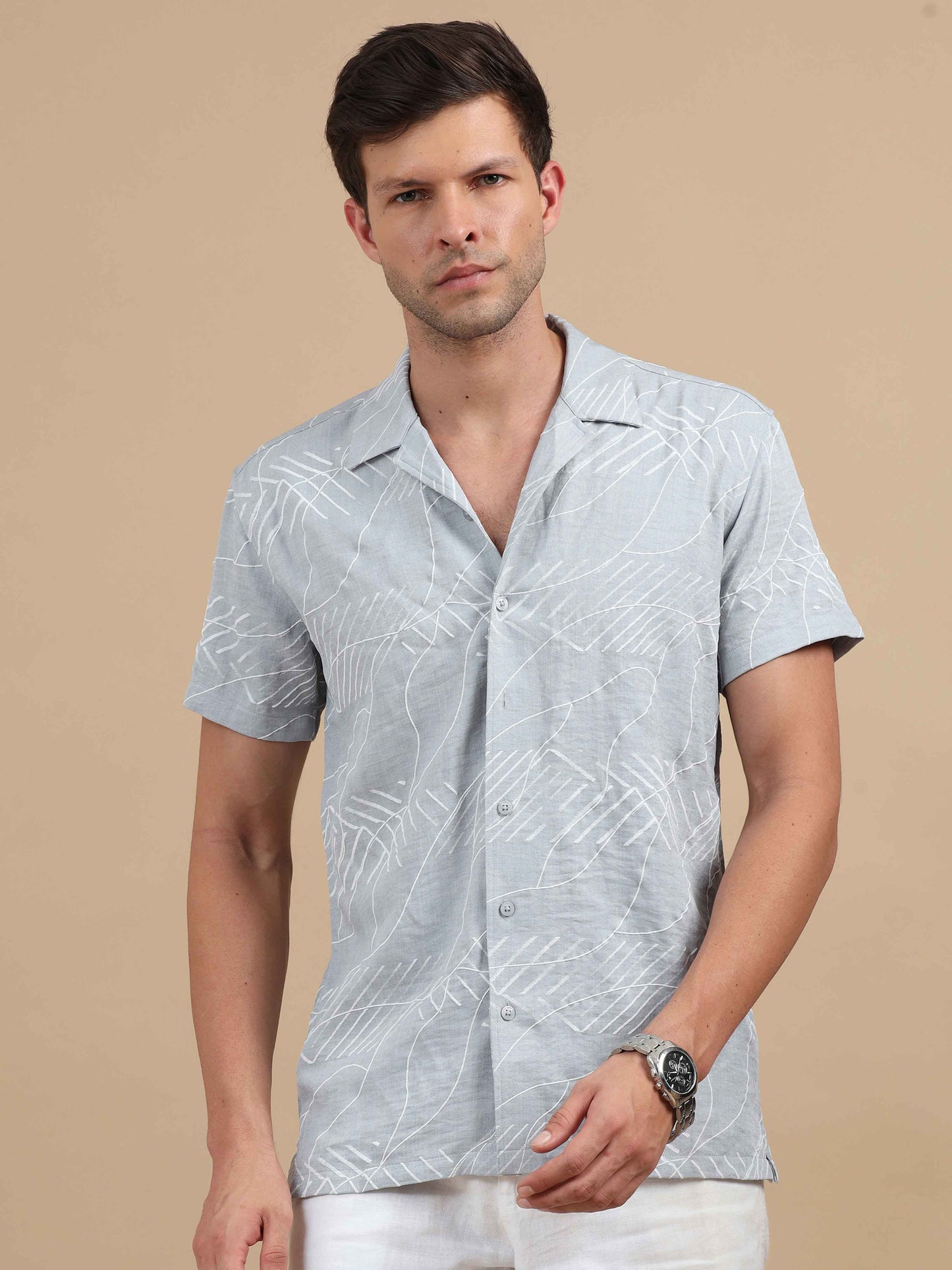  Men's Grey Cuban Collar Shirt 