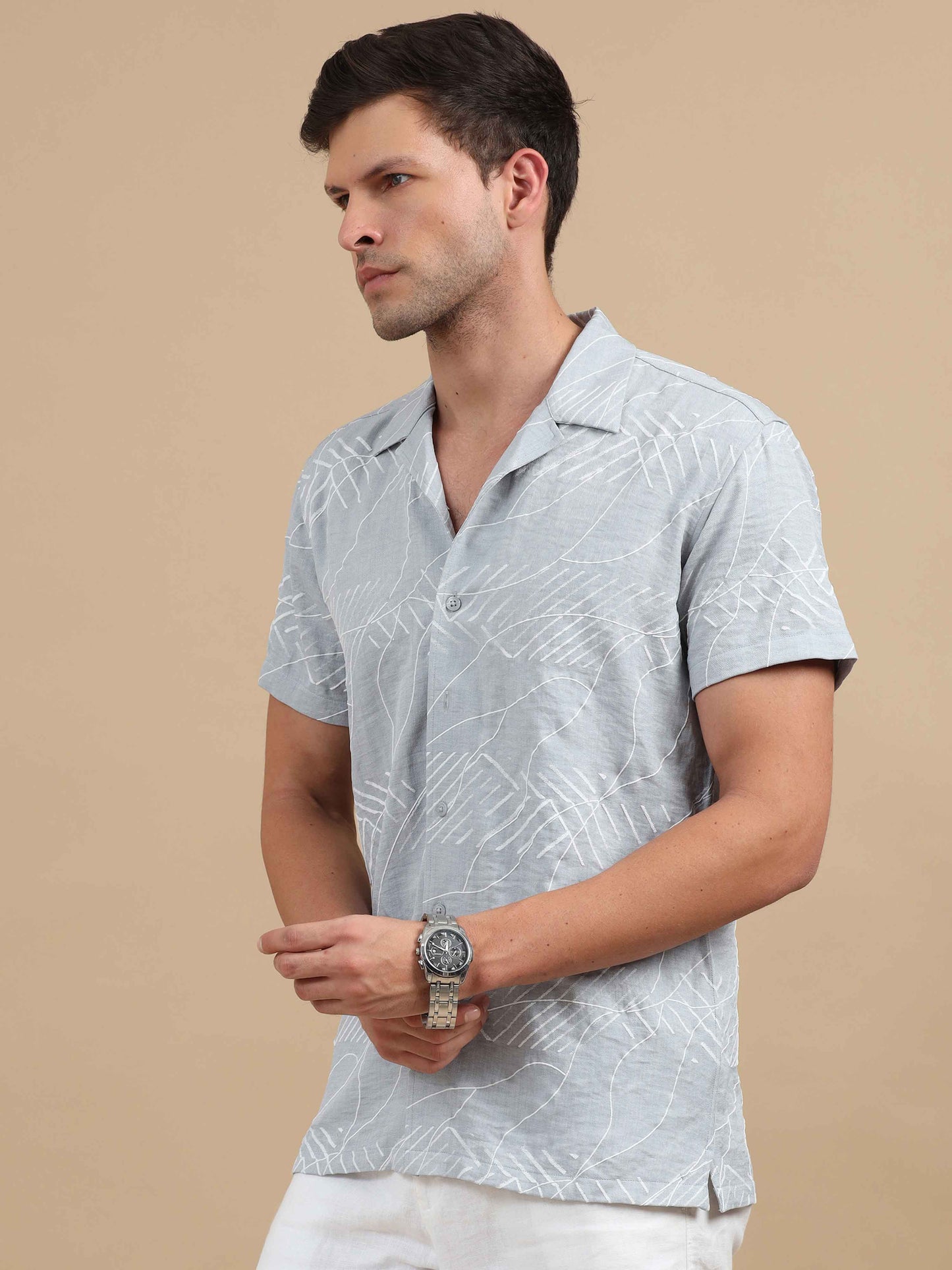  Men's Grey Cuban Collar Shirt 