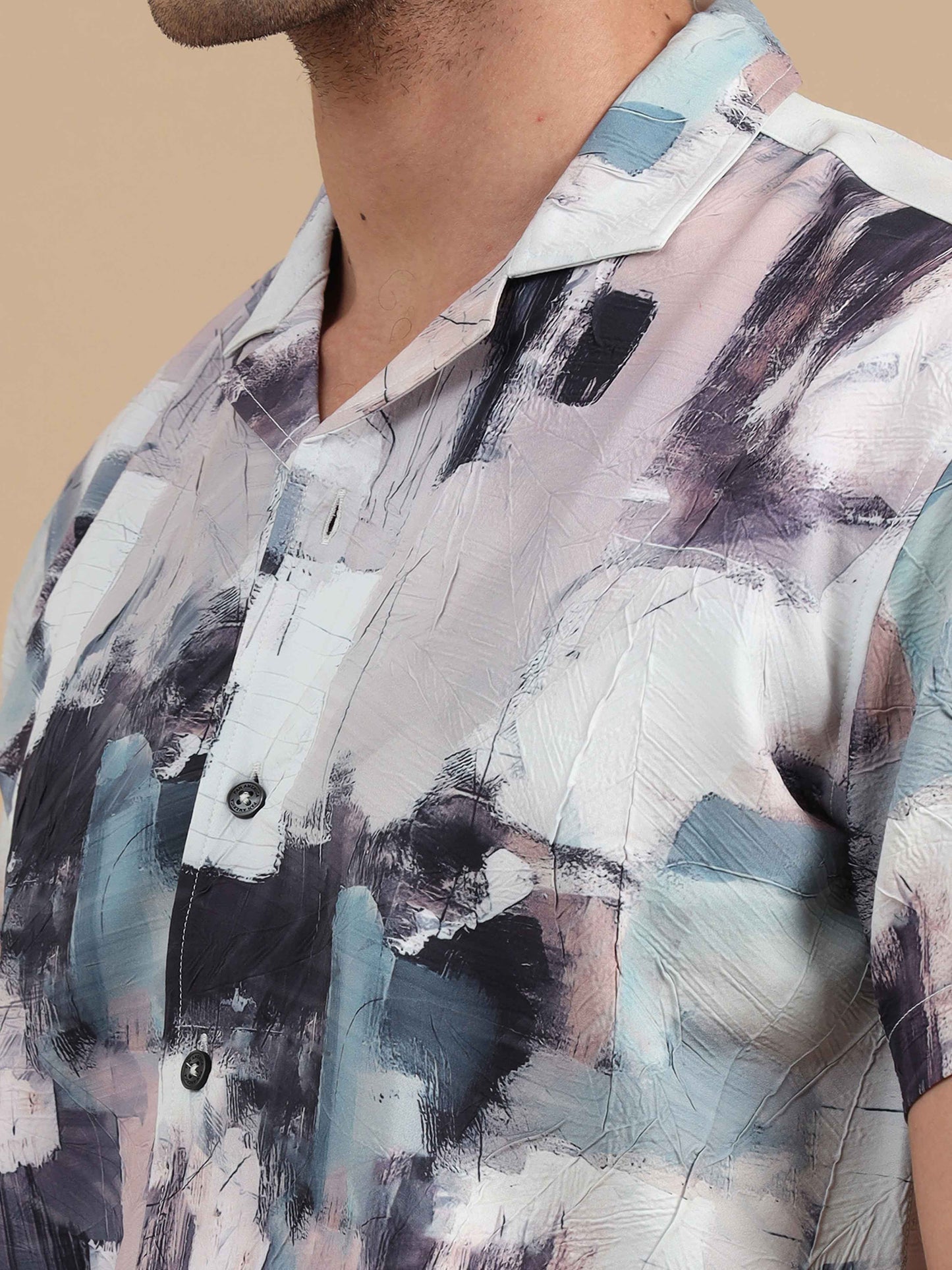 Men Wall Texture Cuban Collar Shirt